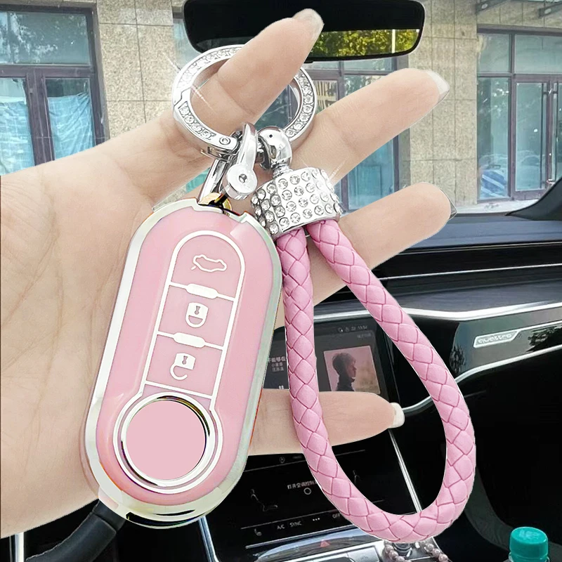 Fiat Key Fob Protector z łańcuszkiem na klucze z kryształu górskiego, miękkie etui na klucze z TPU do Fiata 500, Boyue Bravo Iveco Olsen Car Key Rem