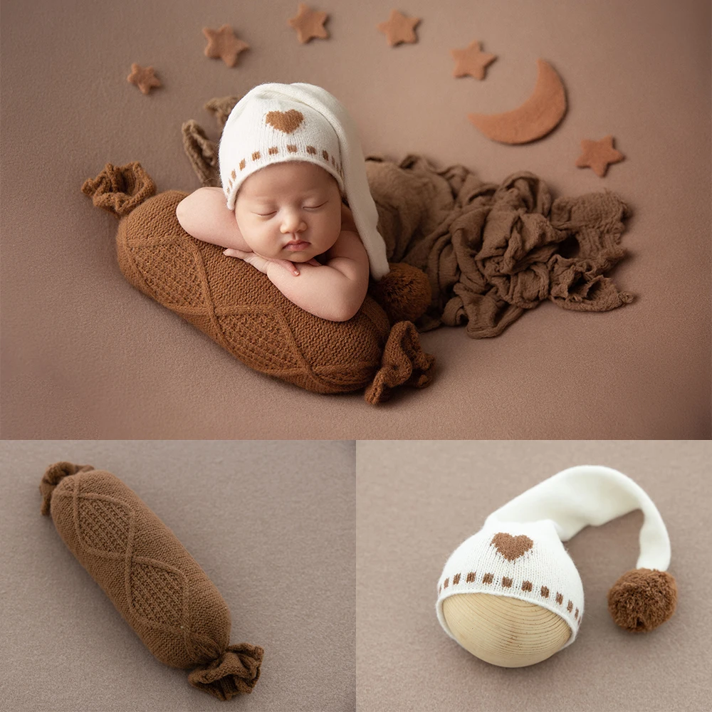 Brown Theme Newborn Photography Props Set Knit Goodnight Cap Headband Candy-Shaped Baby Posing Pillow Photo Studio Shooting Prop