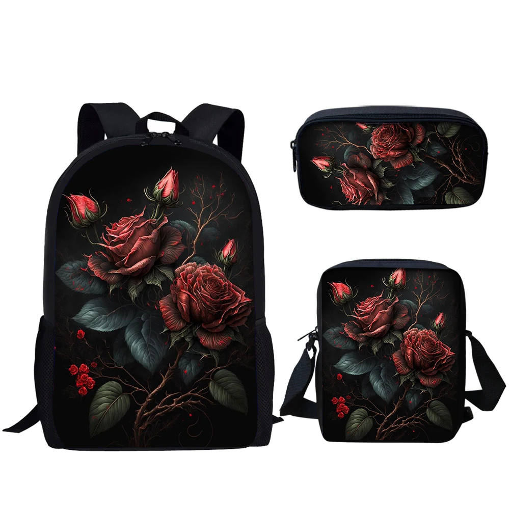 3Set School Bags for Teen Girls Gothic Rose Print Casual Women Backpacks Bookbags for College Student Large Capacity Backpacks K
