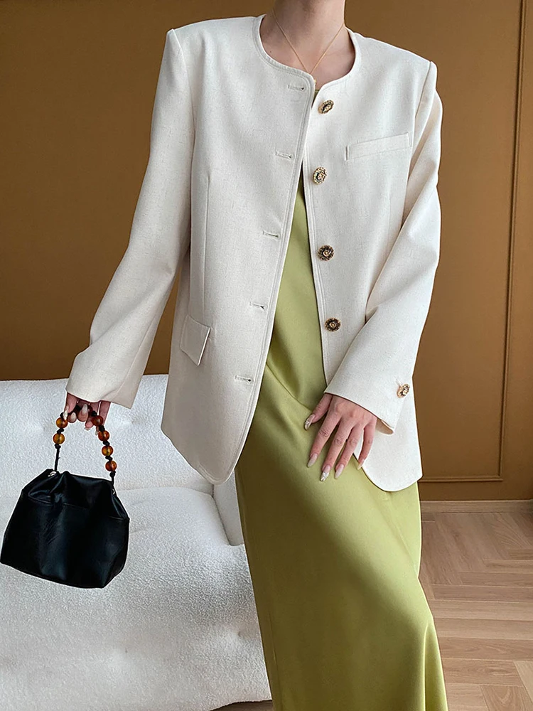 [LANMREM] Office Lady Round Neck Blazers For Women Single Breasted Minimalism Loose Jackets Fashion 2024 Autumn New 26C140