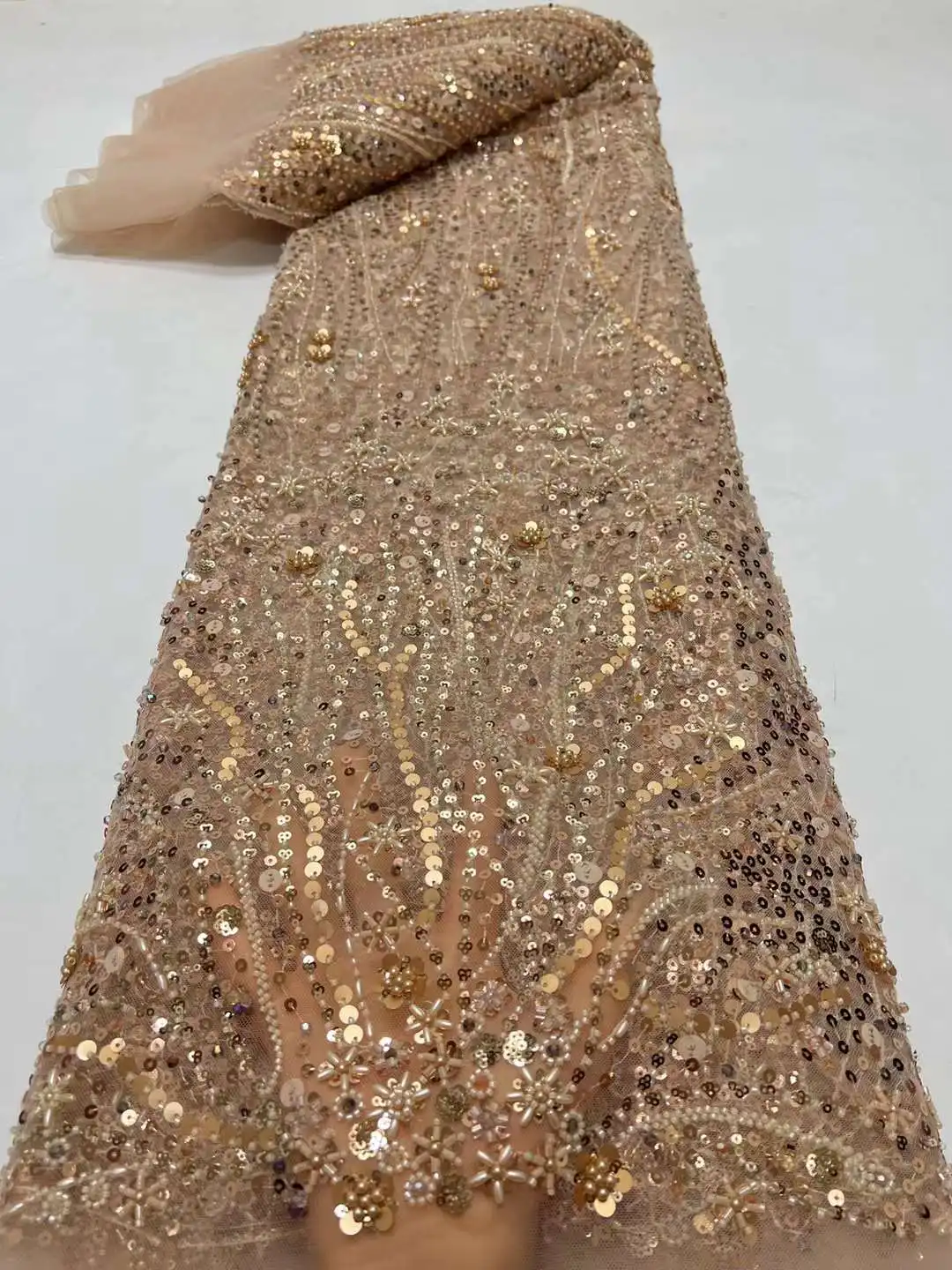 

African Lace Fabric 2024 Sequins Beaded Embroidery Groom Nigerian Bridal High Quality French Tulle Lace Fabric For Dress HX