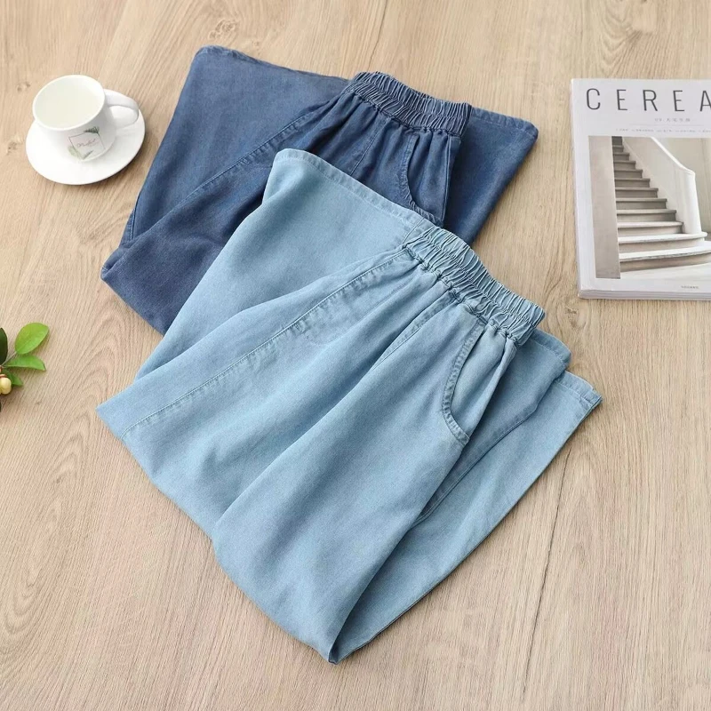 Soft Denim Skirts for Woman Loose Fashion Summer New Waist Elastic A-line Skirt Pocket Design Blue Mid Length Women\'s Skirts