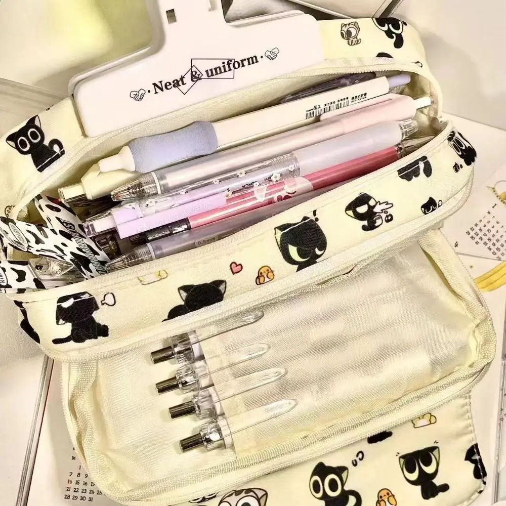 Large Capacity Bow Cat Pencil Bag Zipper Thicken Bow Kitten Pencil Case Kawaii Cartoon Animal Kitten Stationery Bag