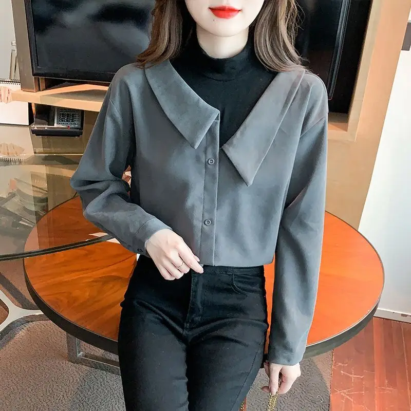 Elegant Fashion Harajuku Slim Fit Fake Two Pieces Blusa Button Stand Collar Long Sleeve Tops Women All Match Women's Clothing