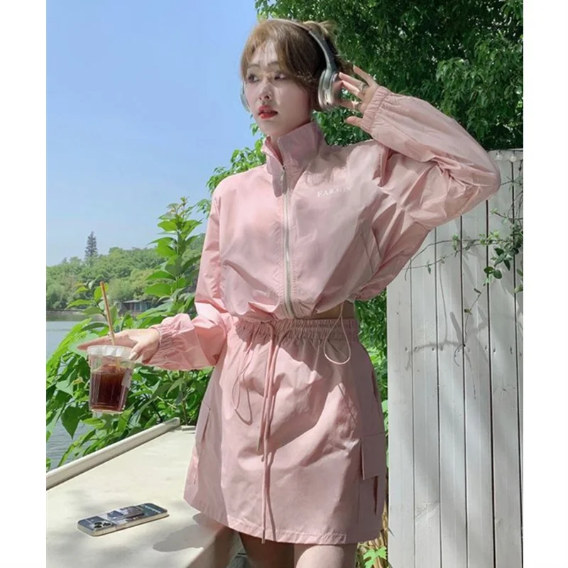 Women Long Sleeve Sun Protection Crop Shirt Skirt Casual Short Style Bottom Two Piece Set Loose Sports Elastic Waist Mini Skirt