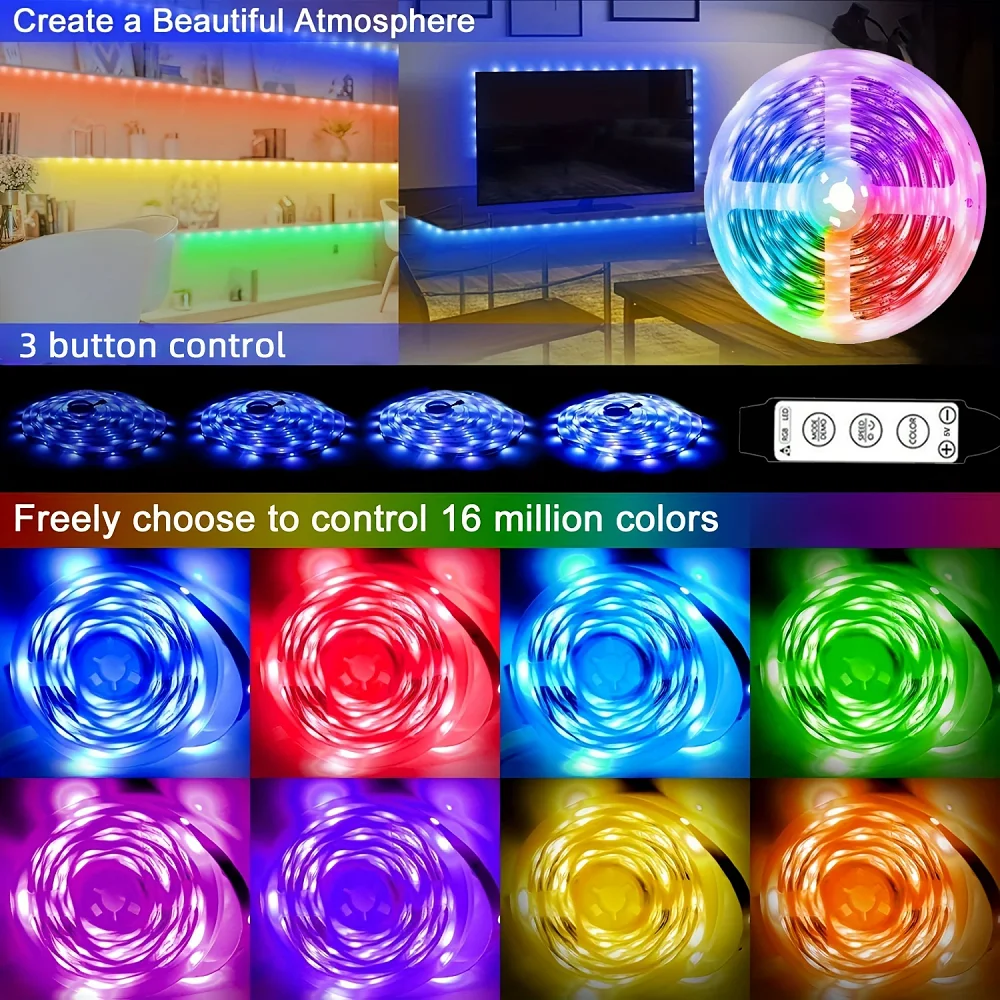 5m/16.4ft Led Lights Strip 3 Key Button Control RGB Tape for TV Backlight SMD5050 Color Changing Lamp Dimmable Flexible Ribbon