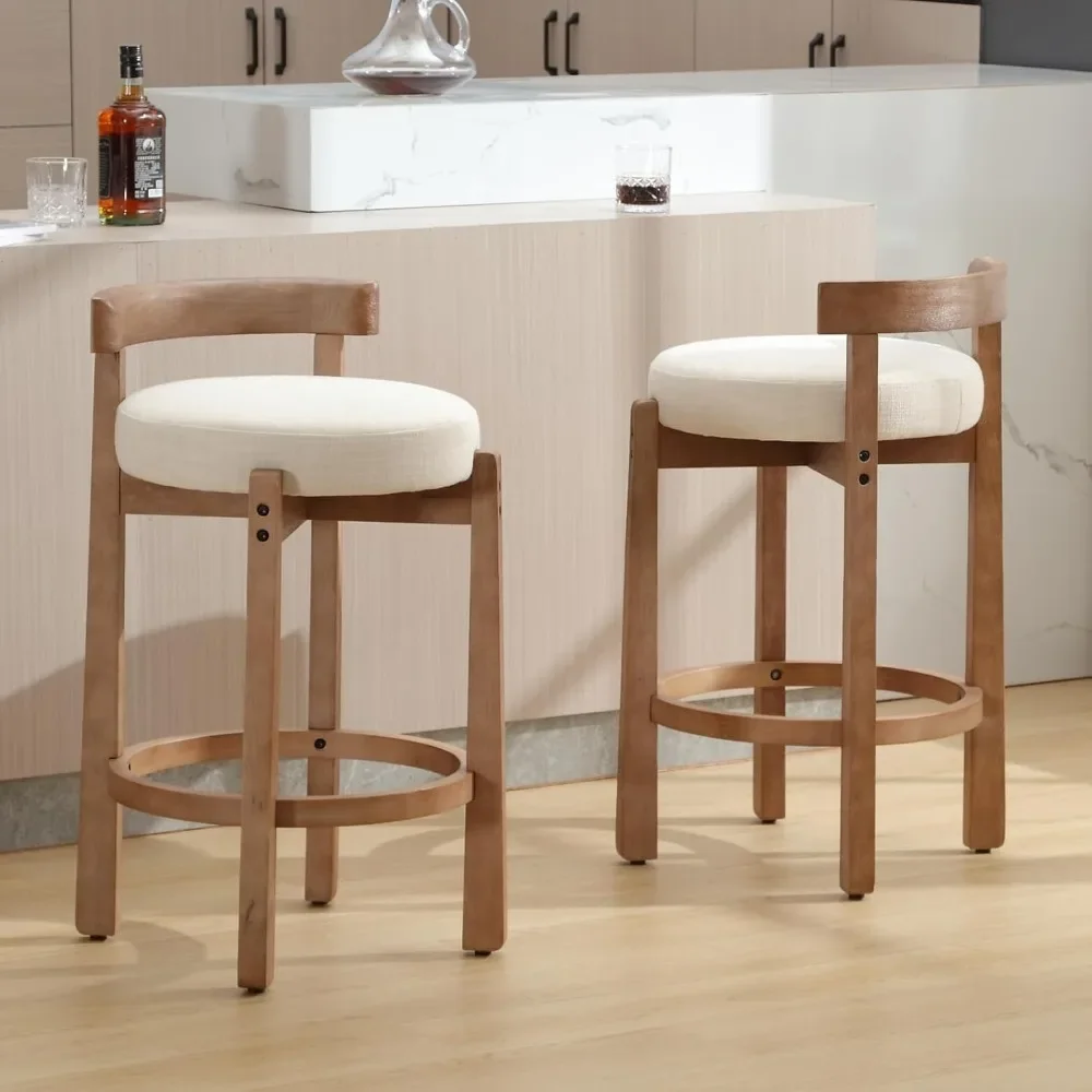 Mid Century Linen Counter Stools Set of 4, Upholstered 26.5” Seat Height Low Barstools with Natural Wood Legs Round Low