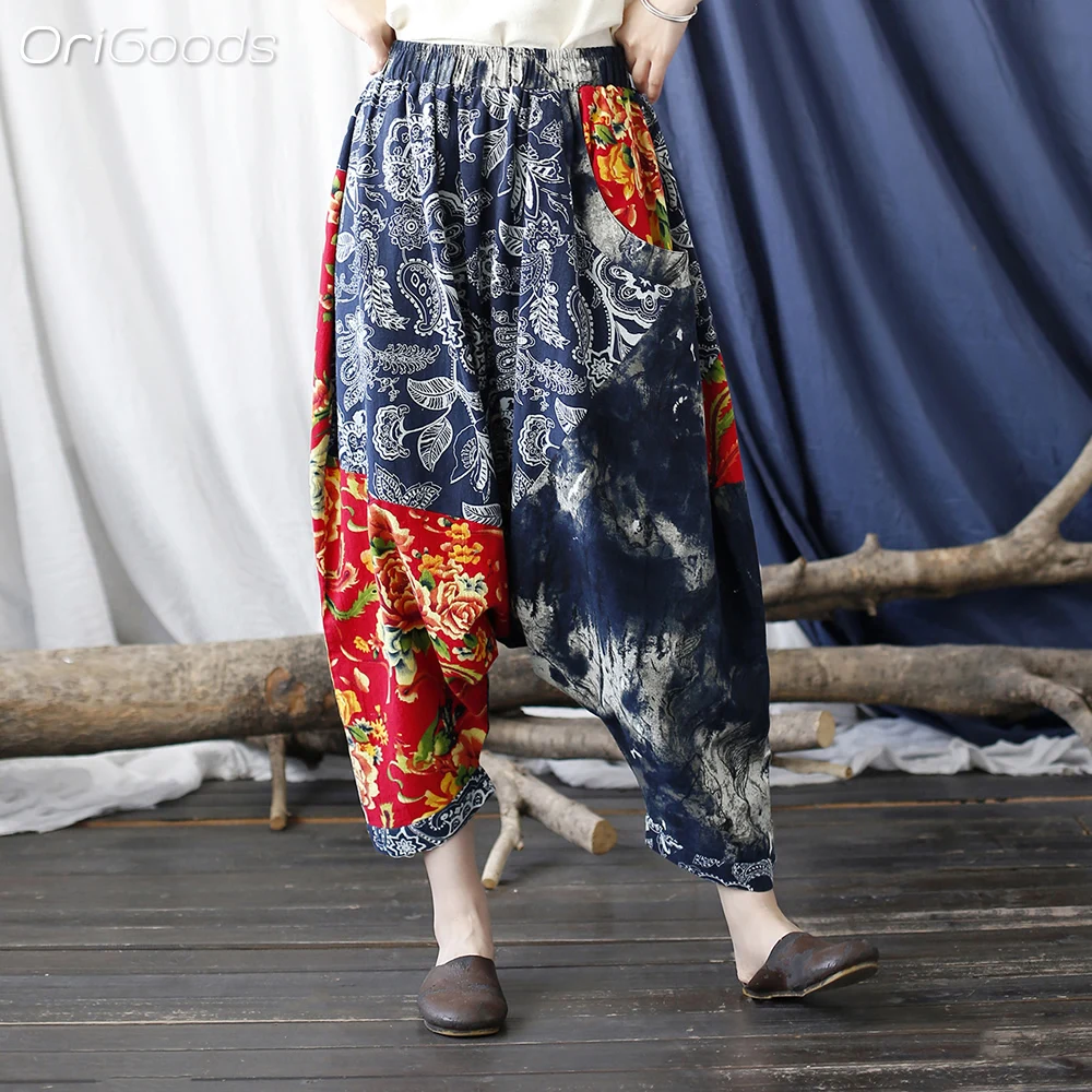 

OriGoods Novelty Design Cross Pants Women Cotton Linen Loose National Style Summer Pants Woman 2024 Irregular Pants Femme X065