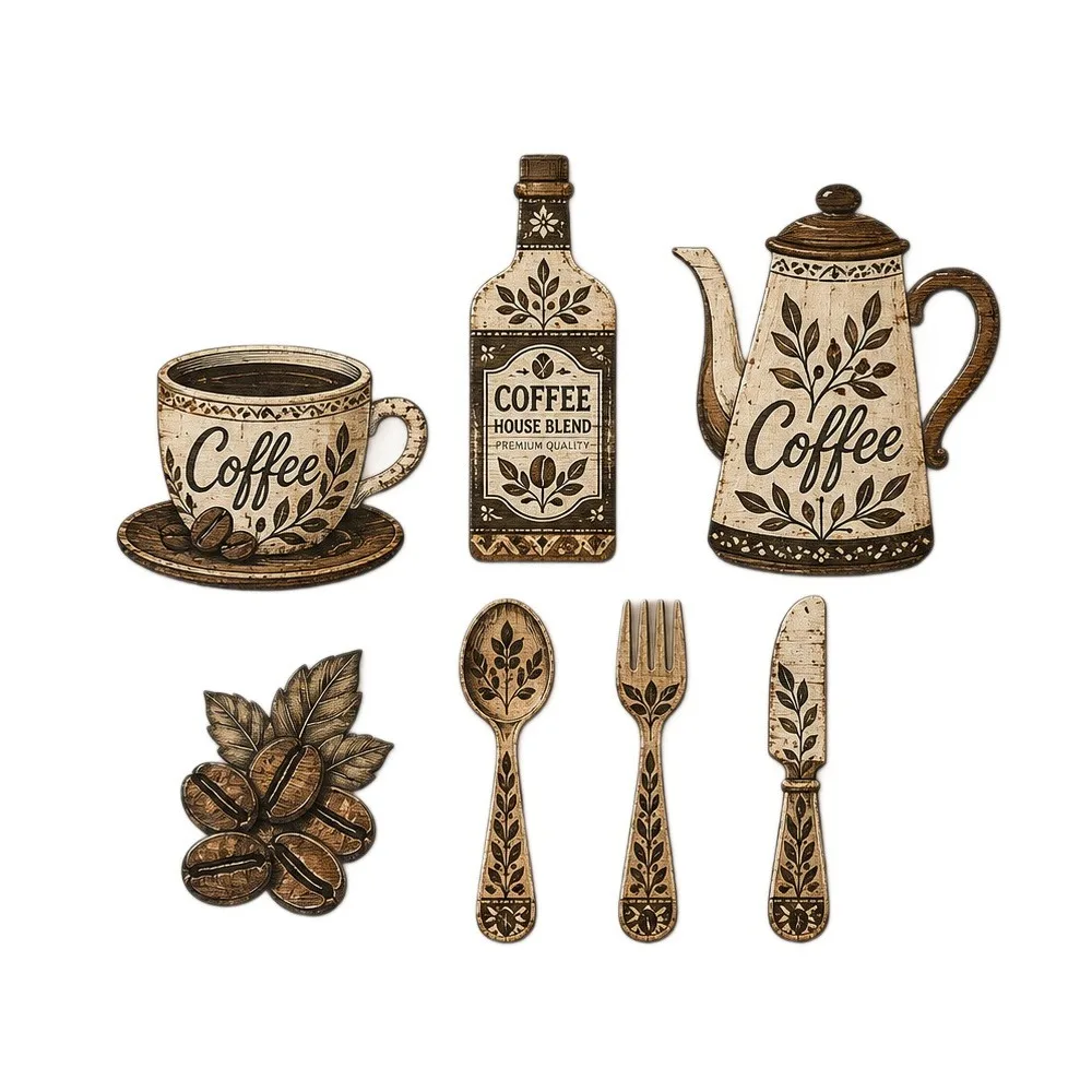 7Pcs Vintage Coffee Utensil Wooden Ornament Coffee Themed Coffee Cup Pot Coffee Bean Coffee Wall Sticker Hangings Spoon Fork