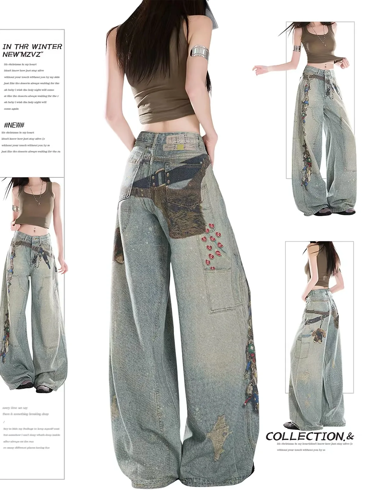 American Style Heavy Work Denim Wide Leg Pants Women's Fashionable Draping Long Jeans Autumn New Pear Shape Body Print