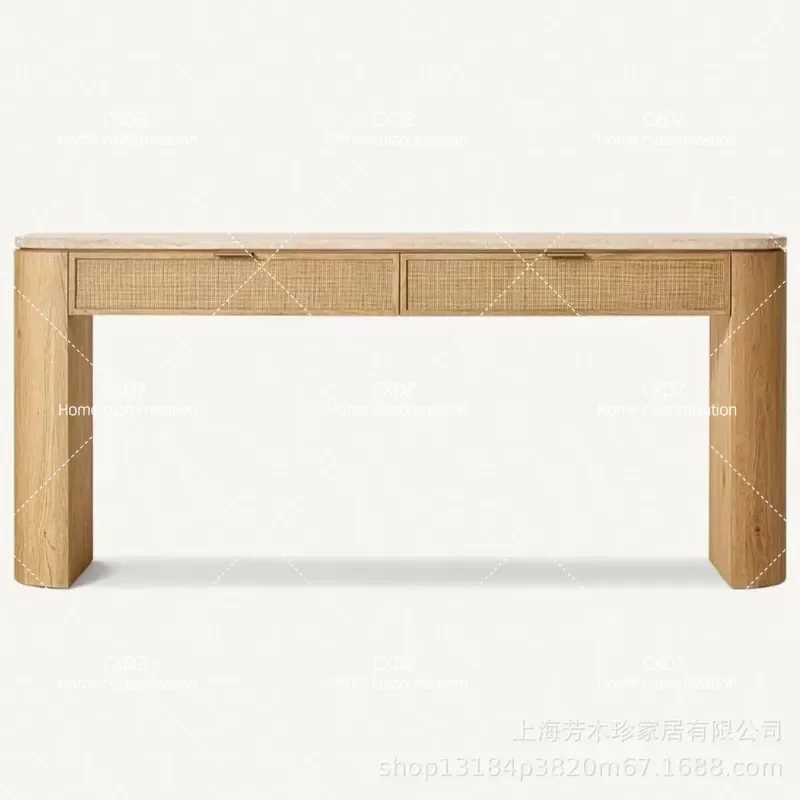 Customizable Solid Wood Entryway Table with Travertine Top Rattan Decorative Shelf for Living Room Entrance Console