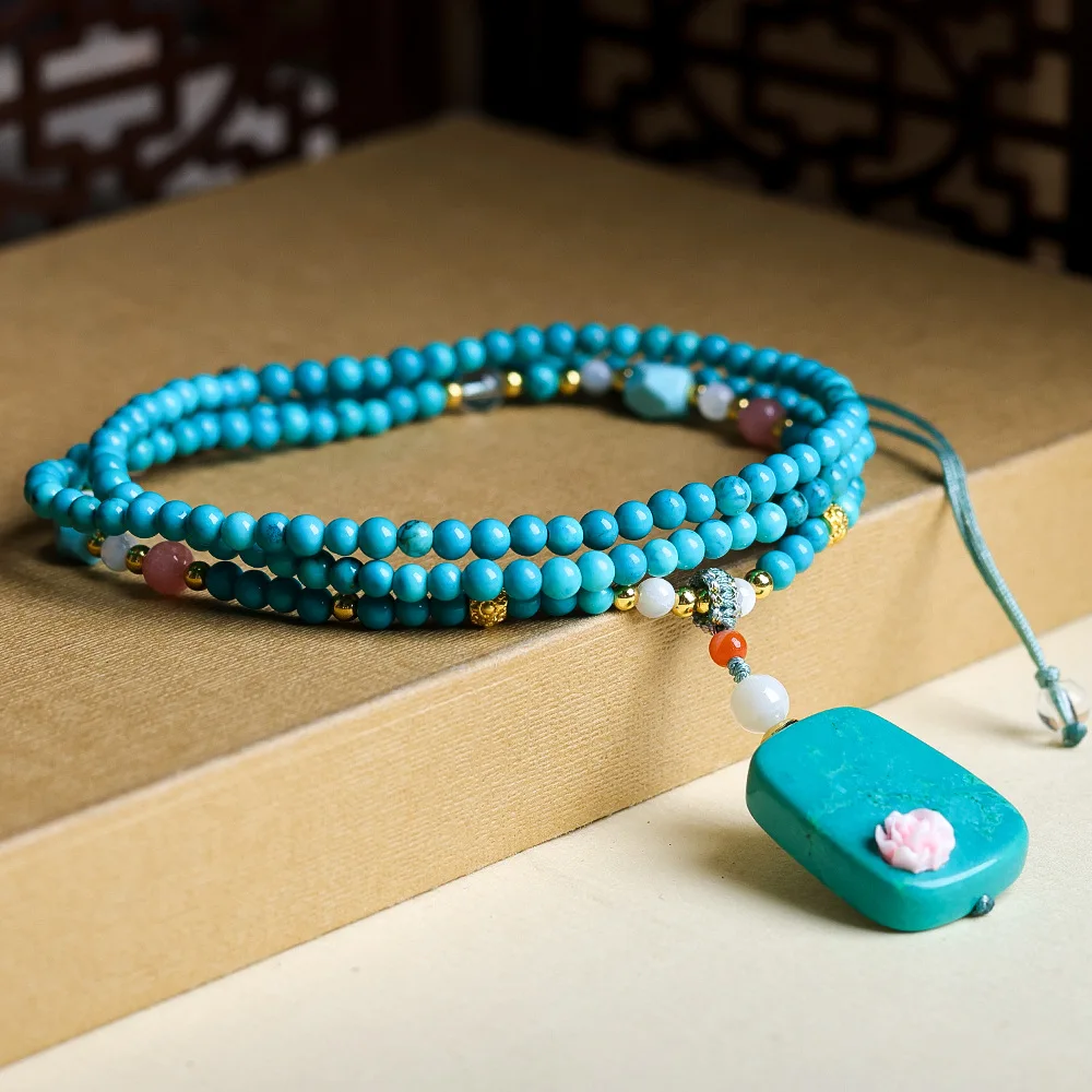 

Original design: Hand woven magnesite, turquoise new Chinese style necklace cultural toys green pine Chinese style sweater chain