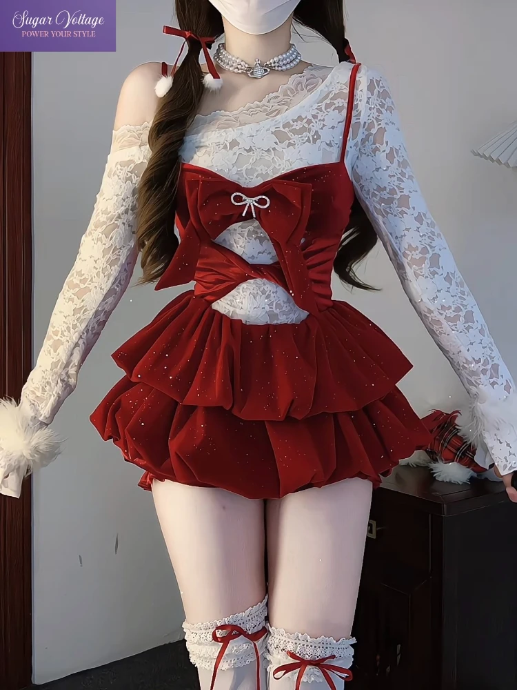 

Ретро-модный элегантный сексуальный комплект из 2 предметов, женские тонкие кружевные топы + платье с бантом, многослойная юбка-тортик, милый шикарный наряд для рождественской вечеринки