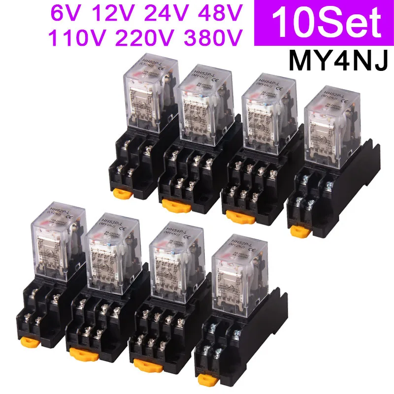 

10 комплектов MY4NJ HH54PL AC/DC 12V 24V 36V 48V 110V 220V 380V Катушка 4NO 4NC зеленая строчка индикатора питания DIN рейка 14 контактный разъем