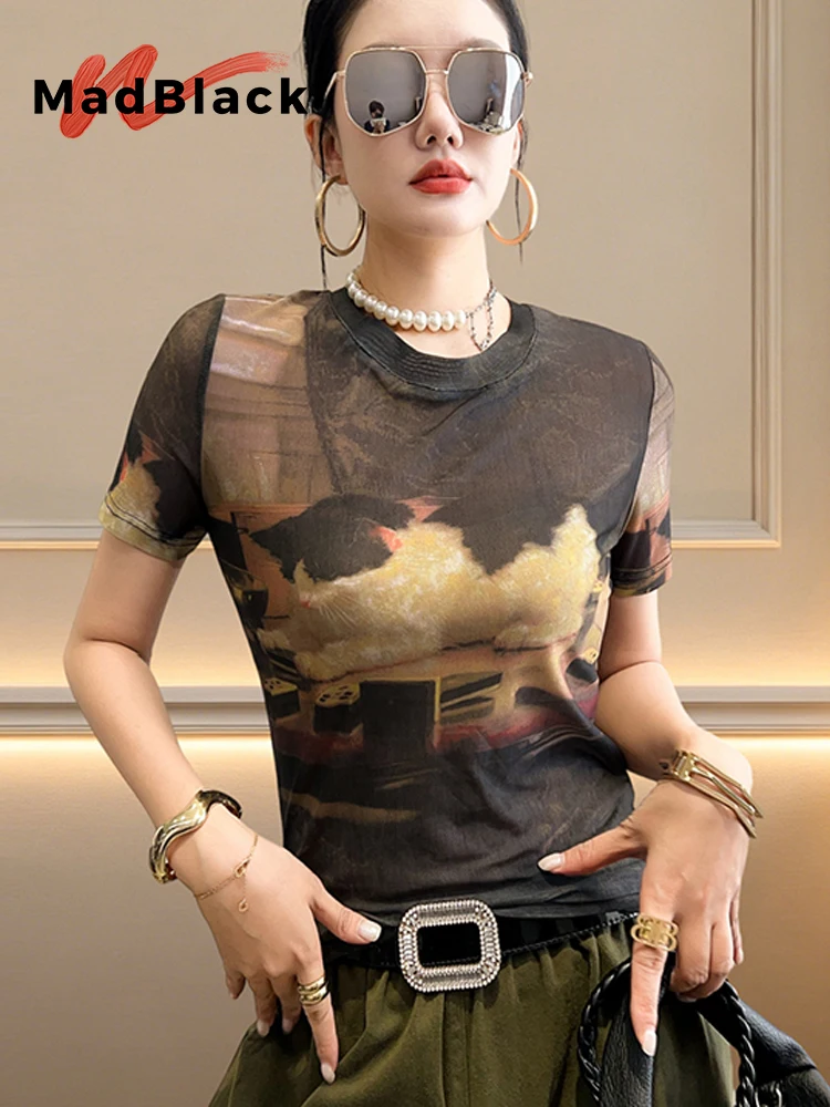

MadBlack-Women European T-Shirt, Sexy O Neck Print, American Retro Short Sleeve Slim S-3XL Mesh Tee, 2026 Summer New T64036CC