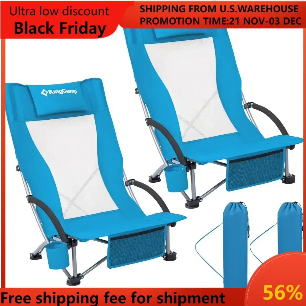 Folding Backpack Beach Chair 2 Pack, Sturdy & Lightweight High Back Camping Chair with Headrest, Cup Holder, Seatback Pocket