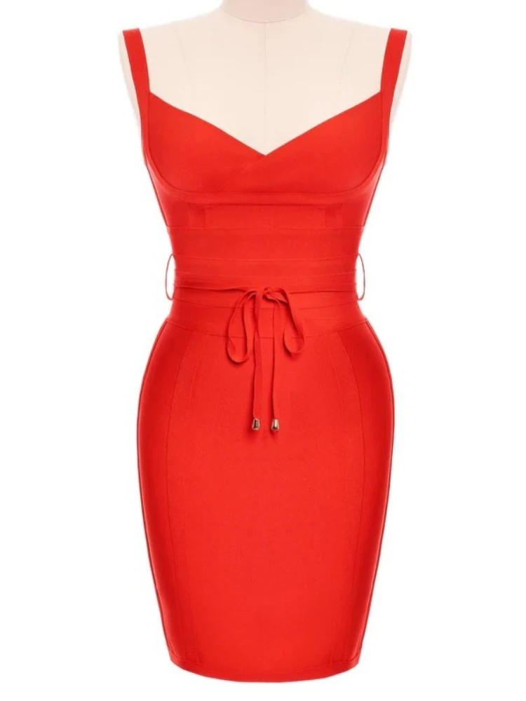 セクシーなVネックバックレススパゲッティストラップ膝丈包帯ドレス