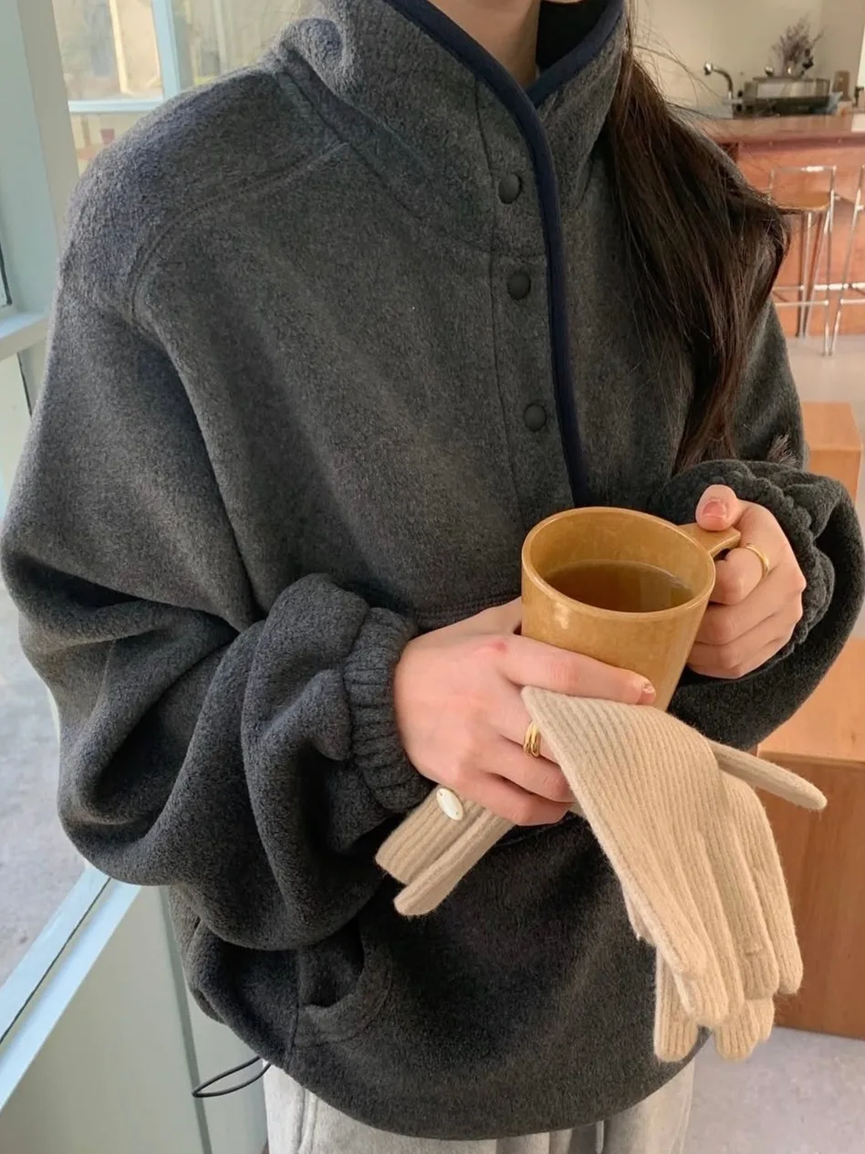 

Корейская ретро-толстовка с воротником-стойкой для женщин, осенне-зимняя новинка, свободная повседневная верхняя одежда с длинными рукавами