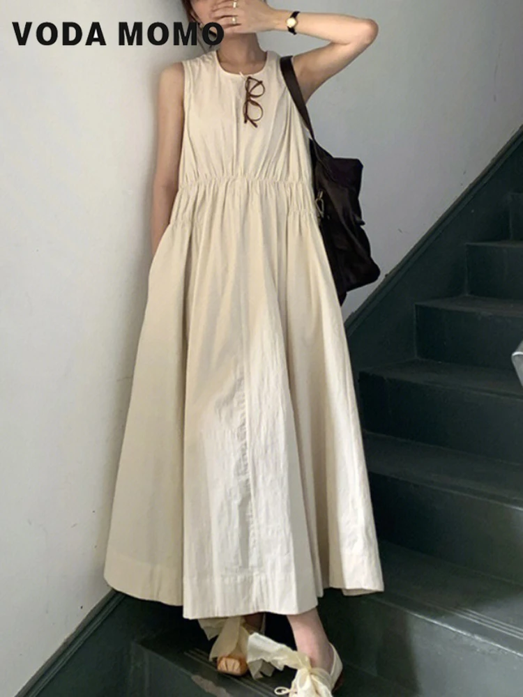 O-neck A-line Summer Solid Loose Female Elegant Mid-Length Skirts Small Strap Sleevesless Tank Woman Dress Japan Preppy Style