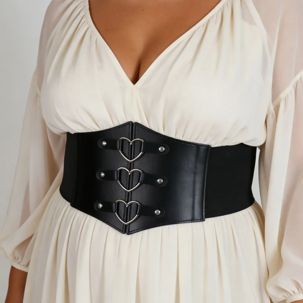Plus Size Black Heart Buckle PU Elastic Corset Belt - Slimming Stretch Waist Cincher, Perfect Mother's Day Gift & Dark Punk Outf