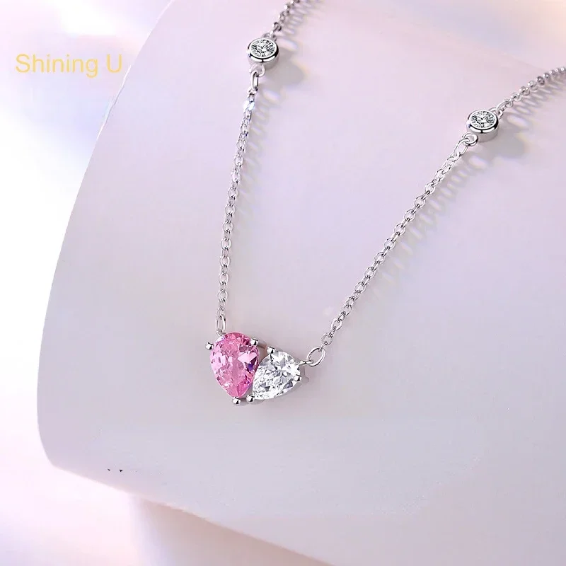 

Shining U S925 Silver Pink Waterdrop Gems Necklace for Women Fine Jewelry Gift