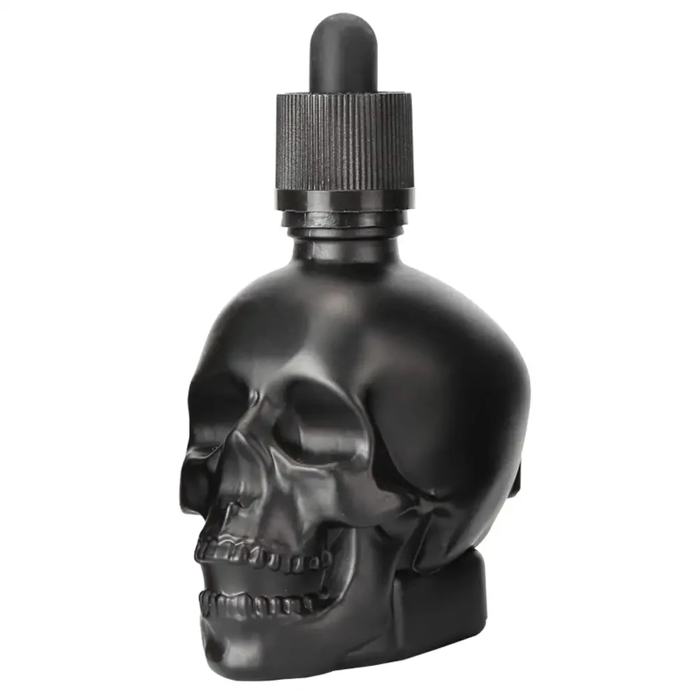 Flacon compte-gouttes en verre noir en forme de crâne de 30 ml, flacons d'huile essentielle mignons, flacons de parfum rechargeables avec compte-gouttes