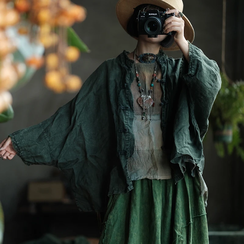 

100% Linen Women Casual Shirt New Arrival 2025 Autumn Vintage Style Stand Collar Loose Female Batwing Sleeve Tops Shirts M1927