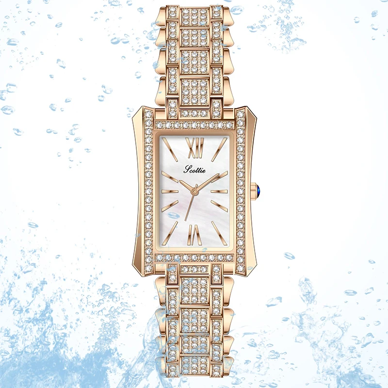 Luxury Full Diamond Quartz Lady Watch Simple Rectangular Dial Rhinestone Stainless Steel Strap Wristwatch Gift for Woman 9143