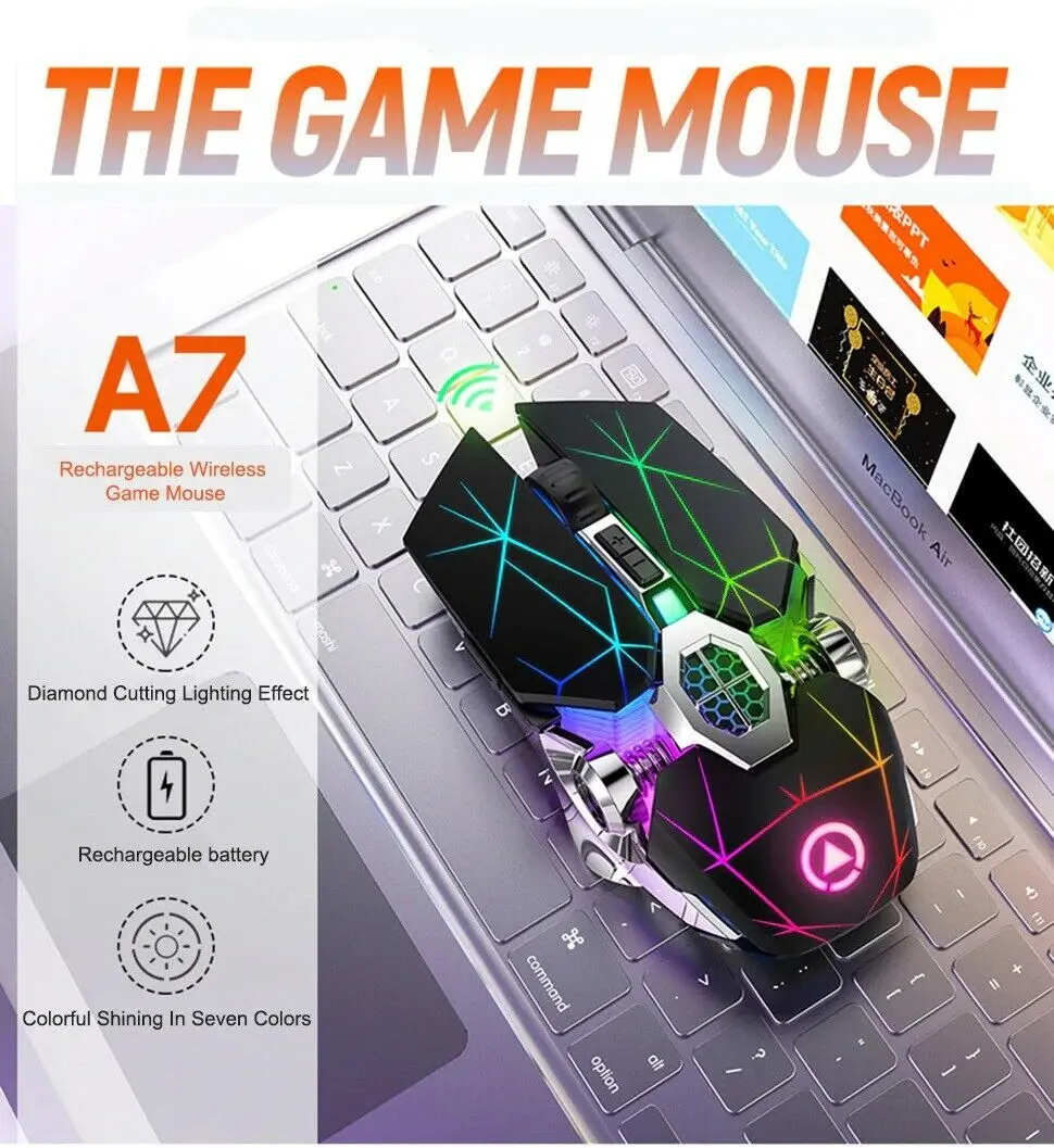 Mouse da gioco USB ottico Wireless 2.4G 1600DPI 7 colori LED retroilluminato Mouse silenzioso ricaricabile Mouse da gioco per Computer portatile PC