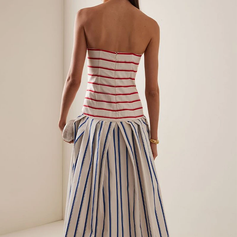 Flaxmaker Fashion Womens Dresses Casual Women Striped Print Sling Maxi Dress Round Neck Sleeveless Long Dress Vestidos Dresses - Image 3