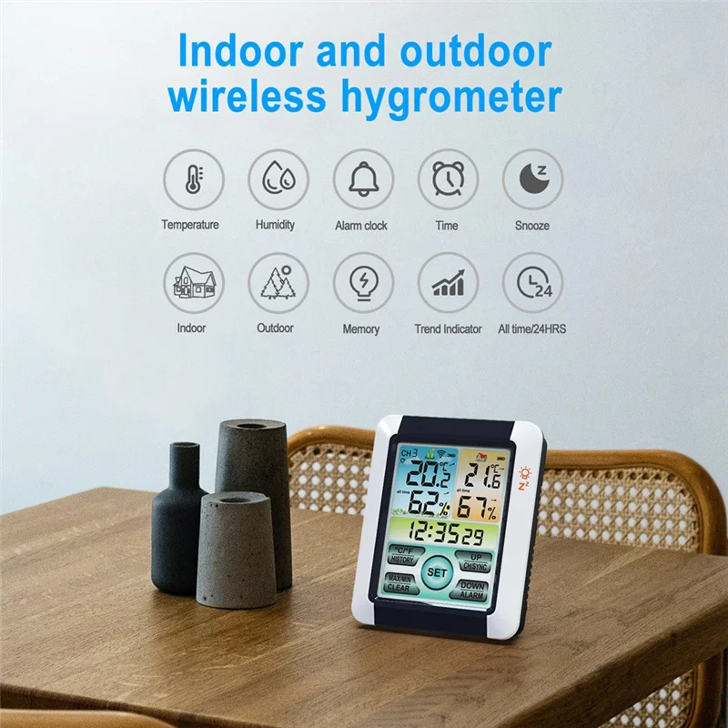 Wireless Temperature Humidity Sensor LCD Digital Screen Temperature Sensor with Clock Function for Home Indoor Outdoor