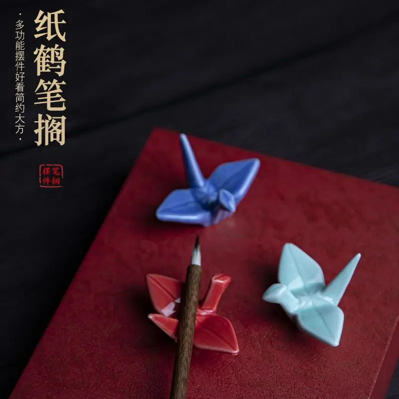 Ceramic pen shelving thousand paper crane quill pen brush holder pen hanging brush holder calligraphy paperweight