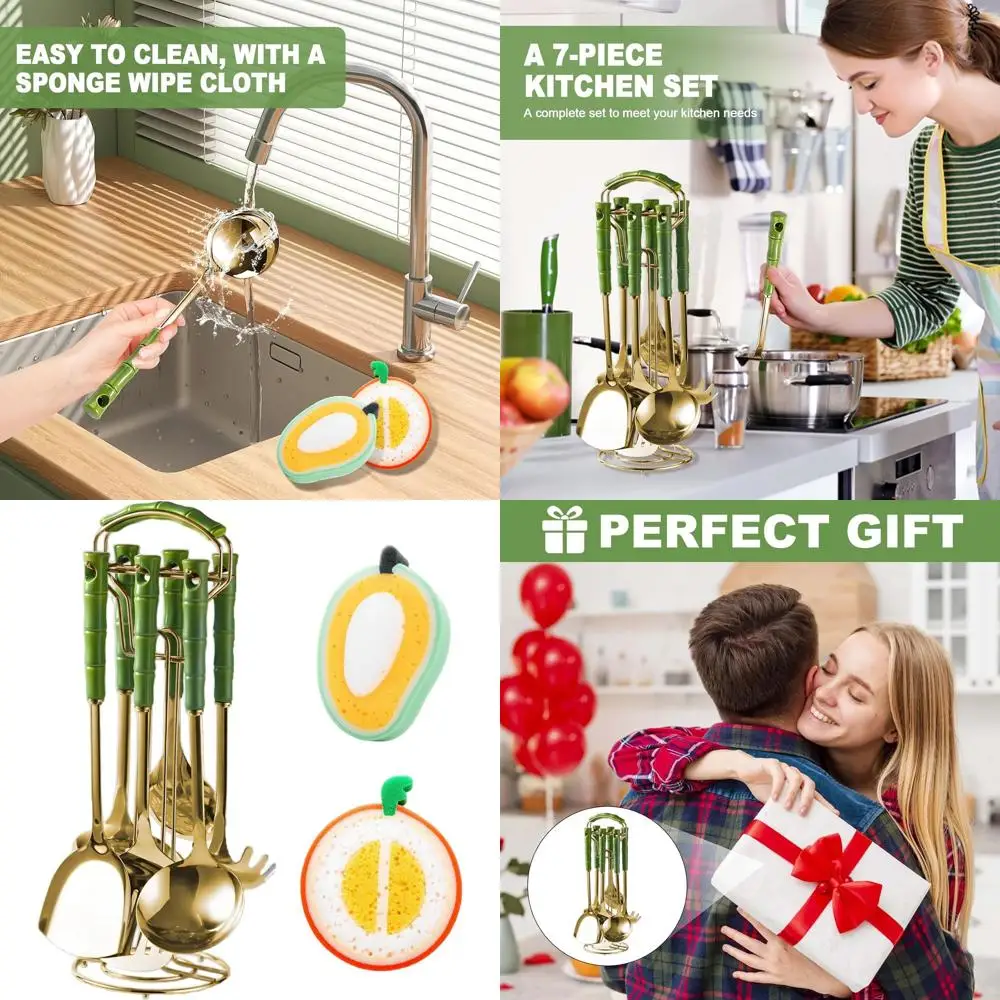 

Набор кухонных принадлежностей из нержавеющей стали с зеленой ручкой и подставкой из 9 предметов