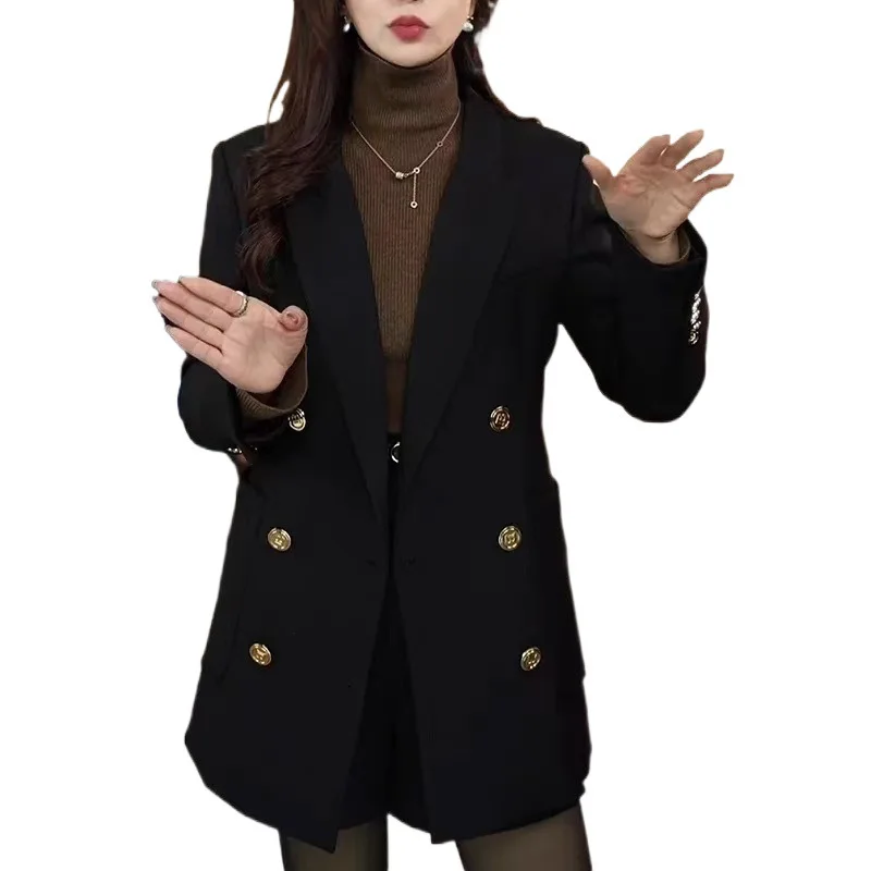 黒のダブルブレストパッド入りコットンスーツジャケット女性の新しい秋冬ハイエンド痩身スタイリッシュなブレザー