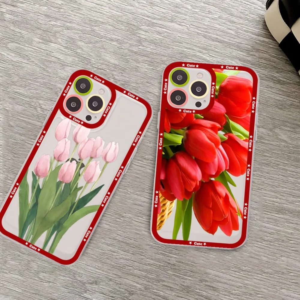 Red poppies tulip rose Phone Case For iPhone 15 13 14 Pro Max XS XR 12 11 Pro 13 Mini Soft Clear Back Cover