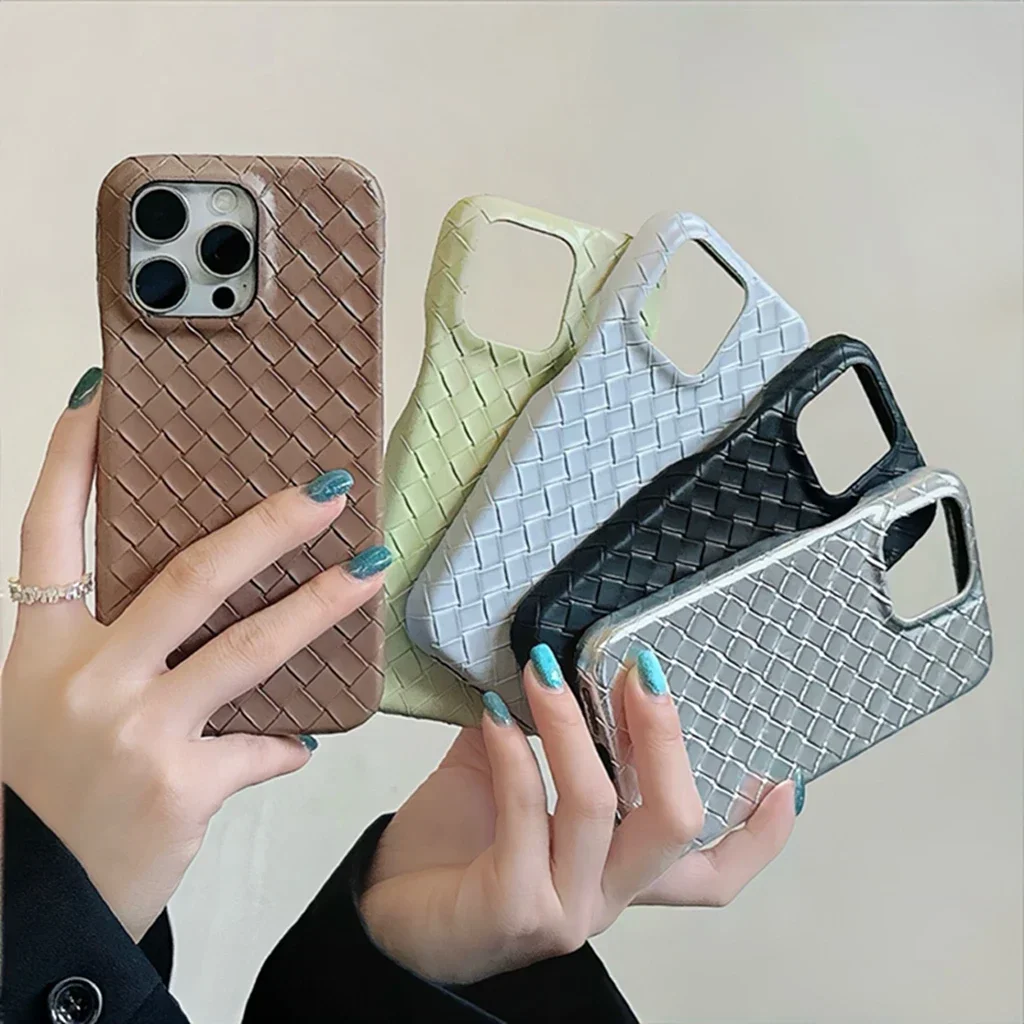 Simplicity Solid Color Woven Pattern Leather Cover Case For iPhone 15 14 13 Pro Max Shockproof Protective Phone Case