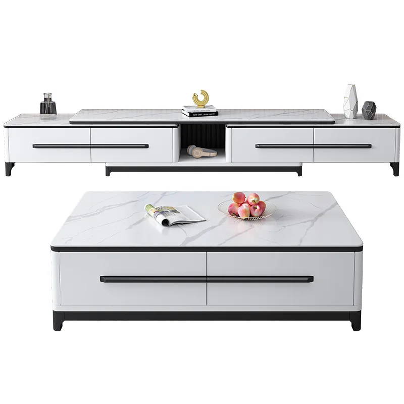 

Retractable Italian light luxury rock panel TV cabinet coffee table combination, household small apartment living room floor