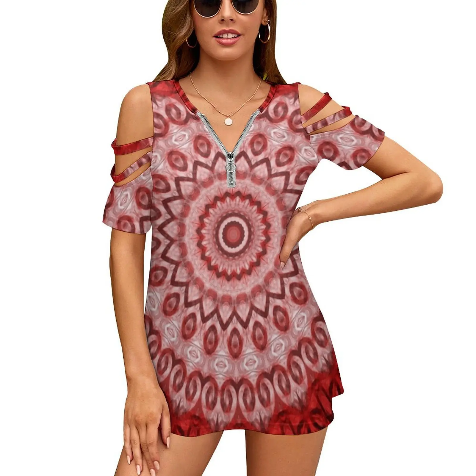 Red Mandala Of Protection. Women's T-Shirt New Fashion Printed Zipper V-Neck Short Sleeve T Shirts Casual Plus Size Mandala
