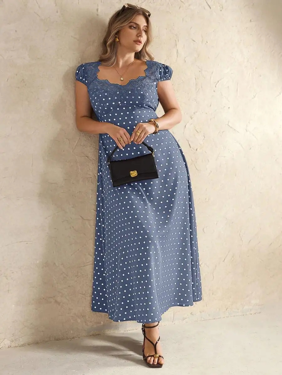 

Plus Size Women Polka Dot Lace Trim Casual Midi Dress Spring Summer