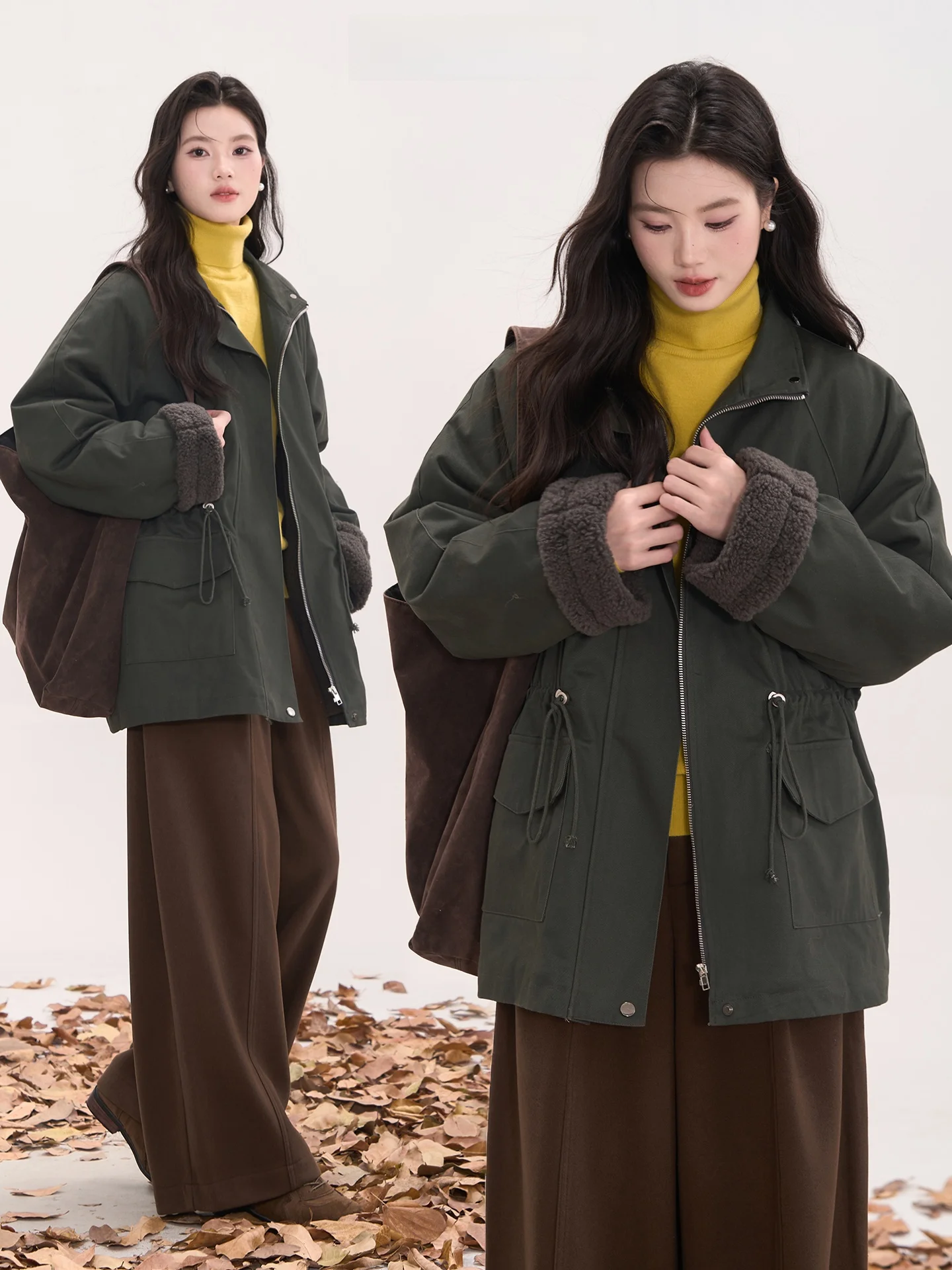 

Heme Women's Thiened Fce Lined Belted Stand Collar Windbreaker Coat Korean Sle Commute Loose Fit Long Sve Zipper