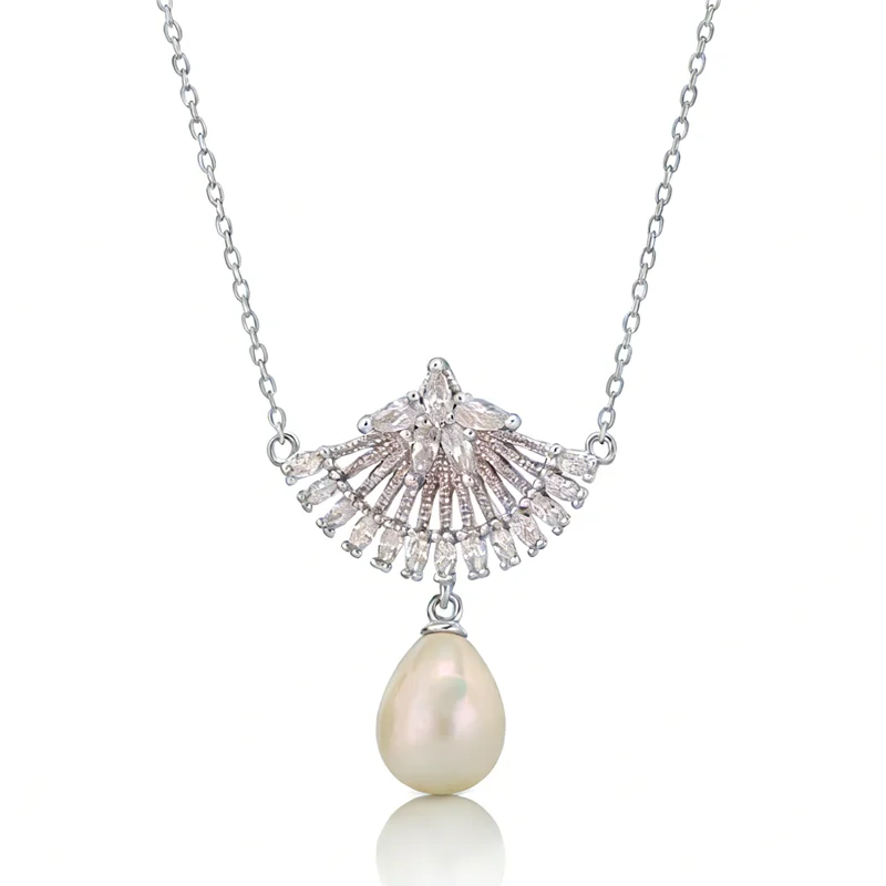 

Inlaid Natural Freshwater Pearl Elegantly Fan Pendant Necklace Ladies Jewelry Gift Stylish Simple 925 Sterling Silver Pendants