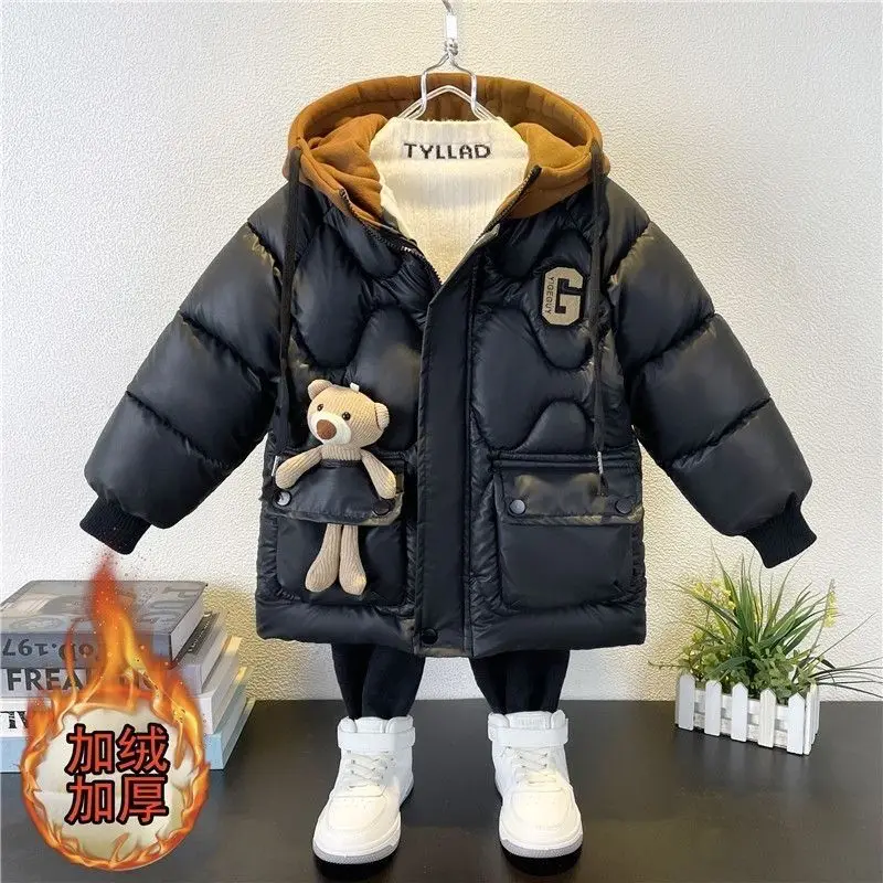 -30℃ Teen Boys Jacket Winter Patchwork Lambskin Waterproof Lining Plus Velvet Thick Warm Hooded Parka For 4-10Y Kids Cotton Coat