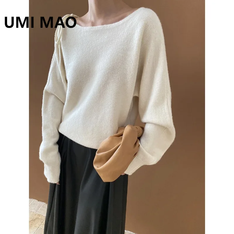 

UMI MAO Top Femme Французский нежный стиль с одним вырезом Свободный и утягивающий вязаный свитер Топы для женщин Дизайнерская одежда