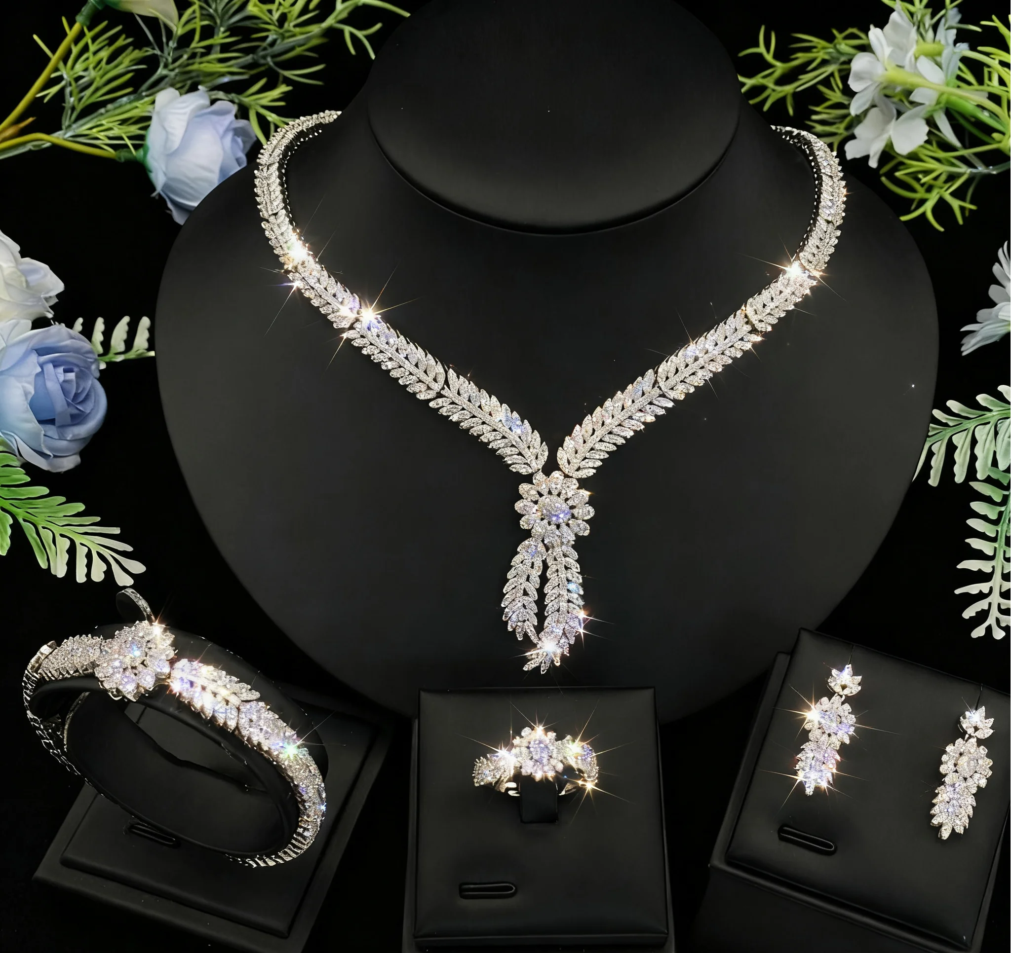 Falair Wedding Series Women's Gold Plated Copper Zircon Jewelry Set with Necklace Earrings Bracelet Ring for Gift