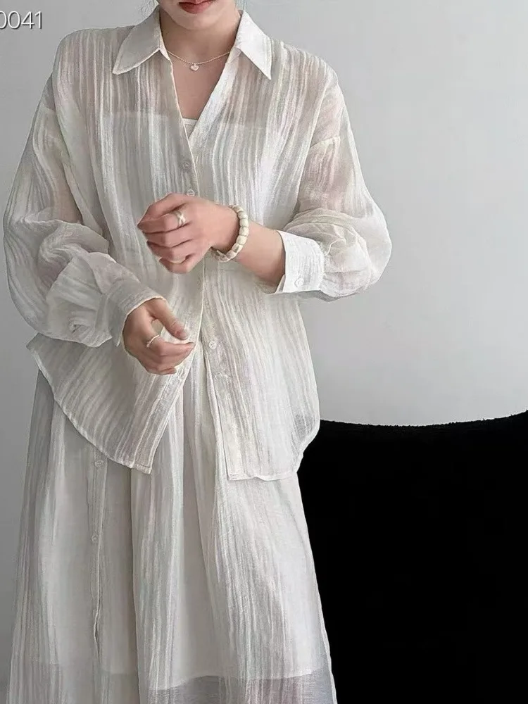 Korean Style Casual Shirt And Skirt Set Women's Half Skirt Sun Protection Two-Piece Set Luxury Pleated Loose Fit Summer Outfit