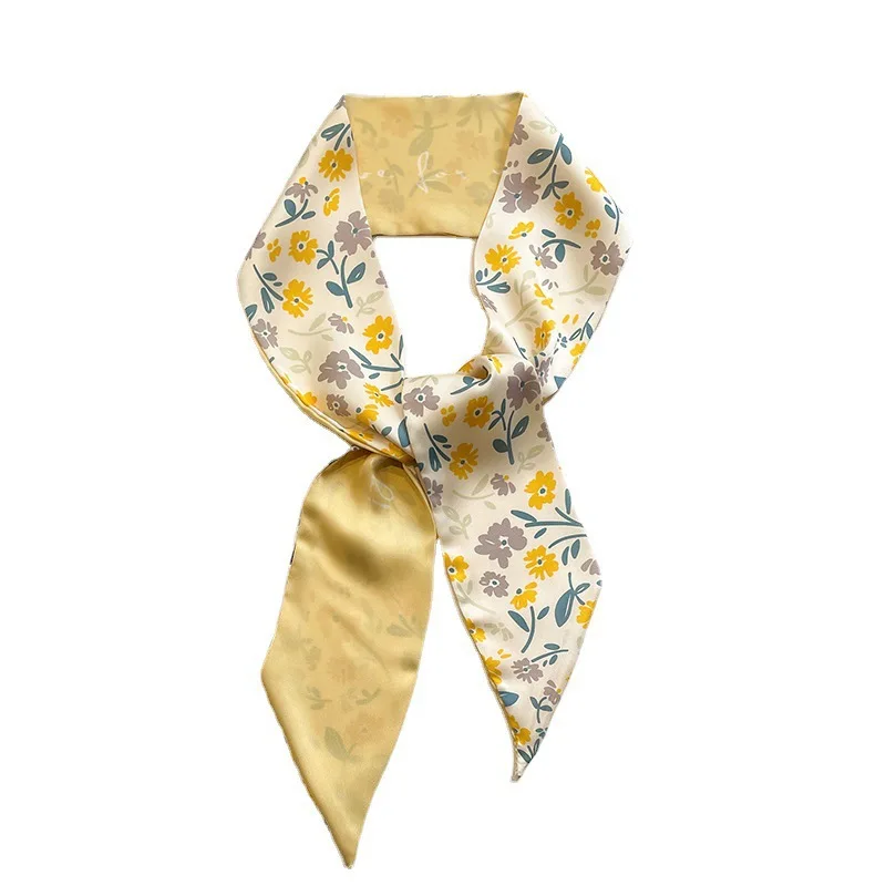 Yellow white small silk scarf, narrow streamer, women\'s hairband, tied bag, decorated with high-end long scarf