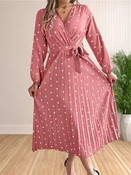 Women Summer Dresses 2024 Bohemian Polka Dots Casual Pleated Dresses Loose Long Sleeve V Neck Midi Swing Dress