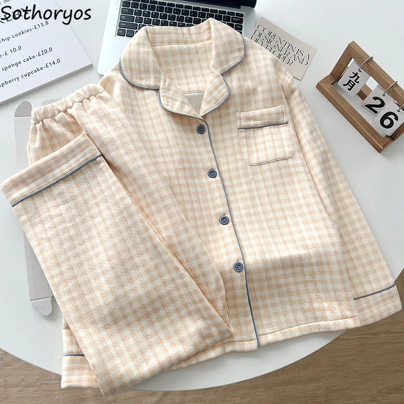 

Pajama Sets Women Turn-down Collar Sleepwear Plaid Trendy Homewear Autumn Winter Cozy Ins Classic Prevalent Pyjamas Schoolgirls