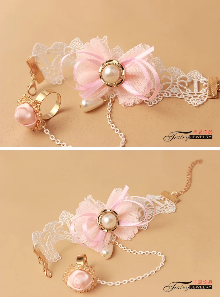 Lolita-pulsera de encaje de princesa, anillo de pulsera de perlas, lazo de flor rosa, accesorios dulces