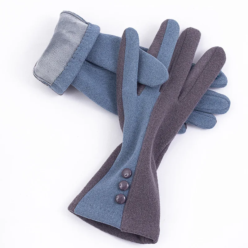 Women Autumn Winter Suede Leather Warm Stitching Color Button Sport Cycling Glove Embroidery Touch Screen Driving Mitten P38